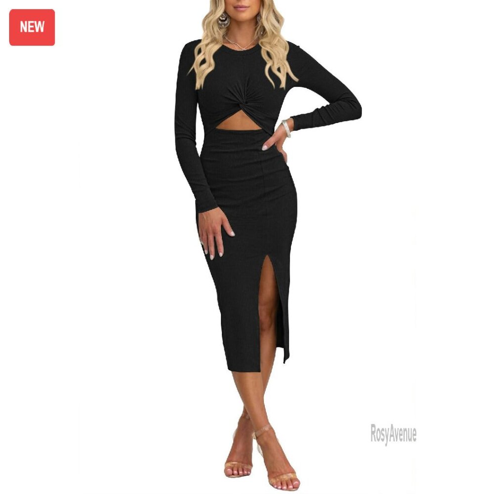 Long Sleeve Midi Bodycon Dress With Twist Front And Side Slit